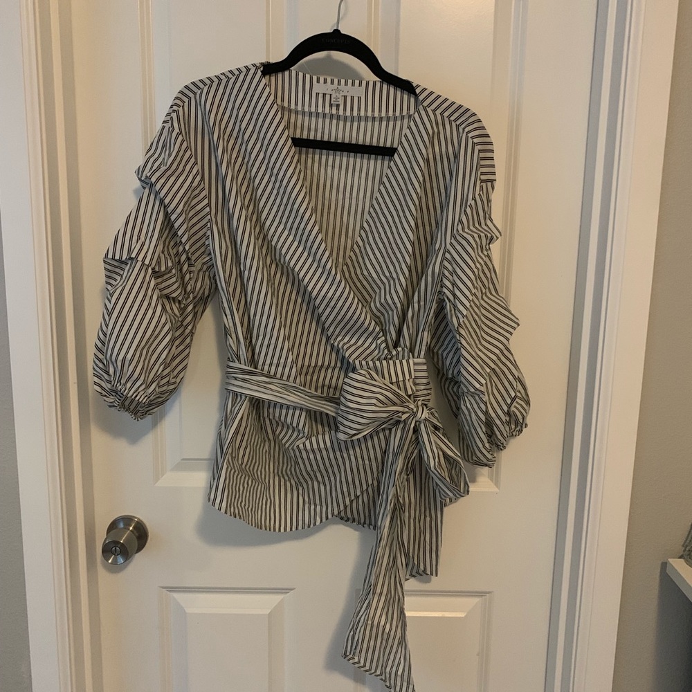 Fever black & white striped wrap blouse with tie L - Picture 1 of 4